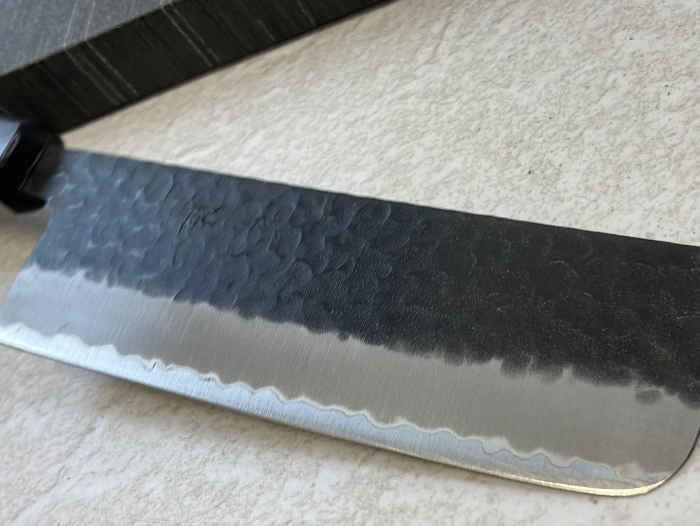 Yoshimune Nakiri Black Stainless 165mm Aogami Super Hammered Finish Double-Bevel Walnut Octagonal Handle - Image 4