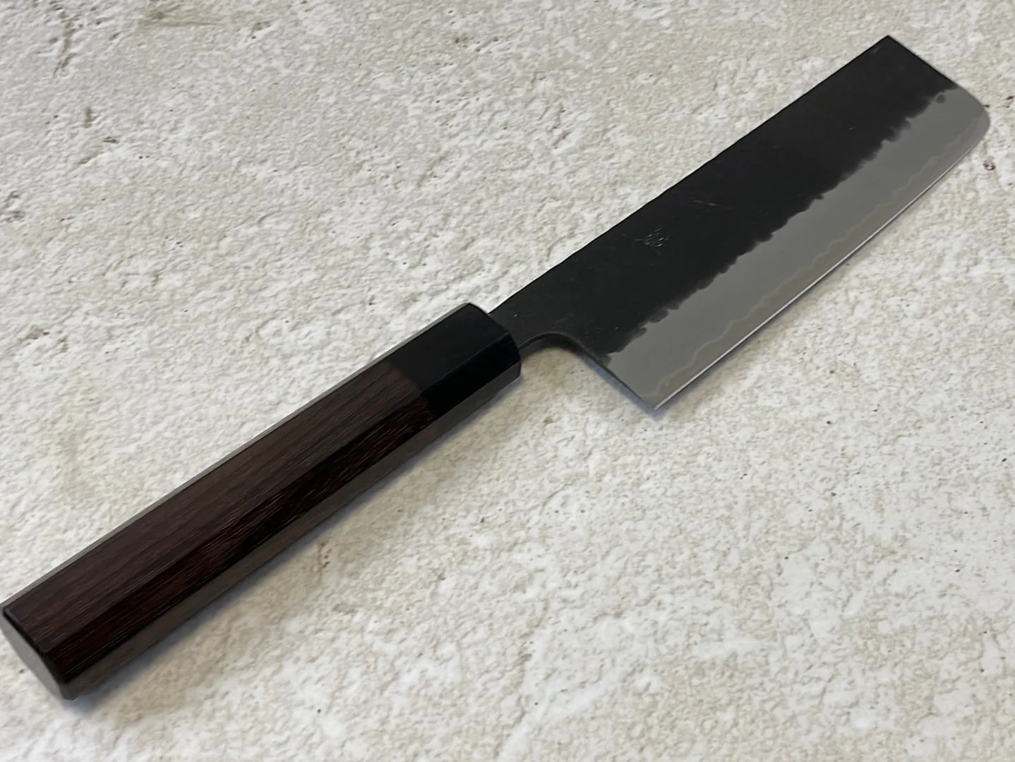 Yoshimune Nakiri Black Stainless 165mm Aogami Super Hammered Finish Double-Bevel Walnut Octagonal Handle - Image 6