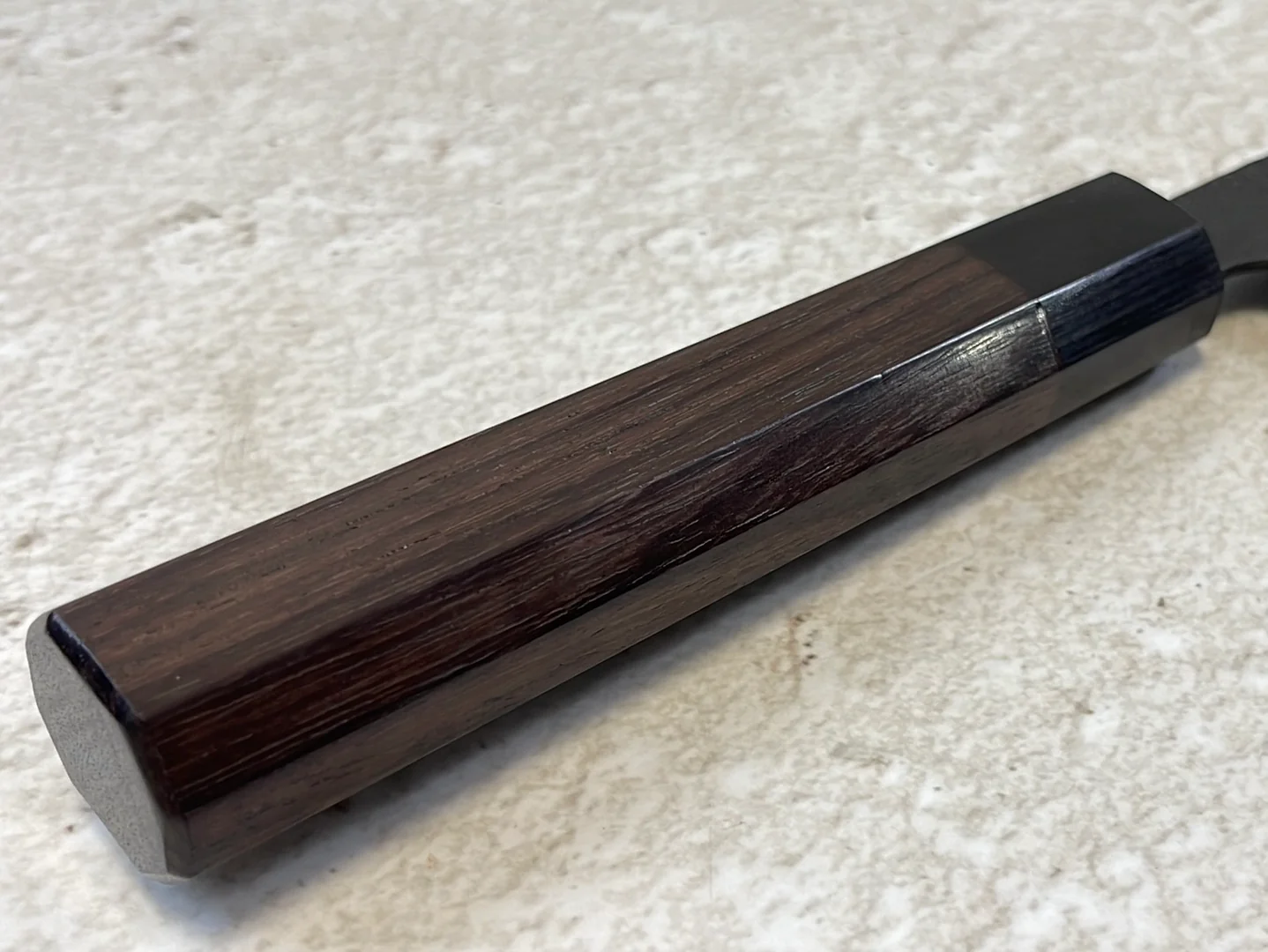 Yoshimune Nakiri Black Stainless 165mm Aogami Super Hammered Finish Double-Bevel Walnut Octagonal Handle - Image 7