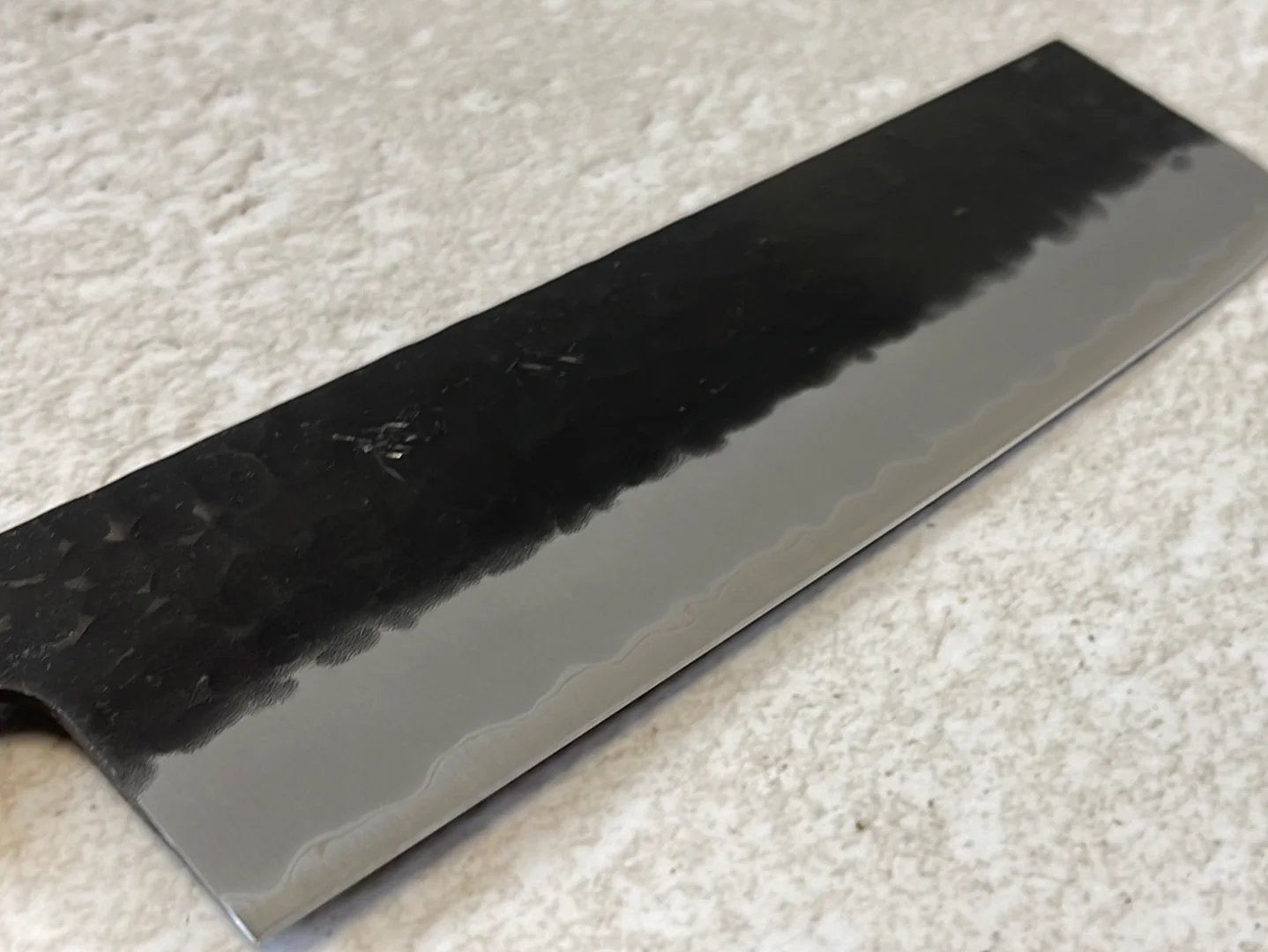 Yoshimune Nakiri Black Stainless 165mm Aogami Super Hammered Finish Double-Bevel Walnut Octagonal Handle - Image 8