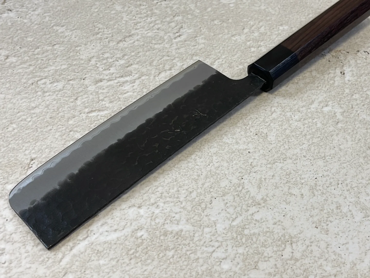 Yoshimune Nakiri Black Stainless 165mm Aogami Super Hammered Finish Double-Bevel Walnut Octagonal Handle - Image 9