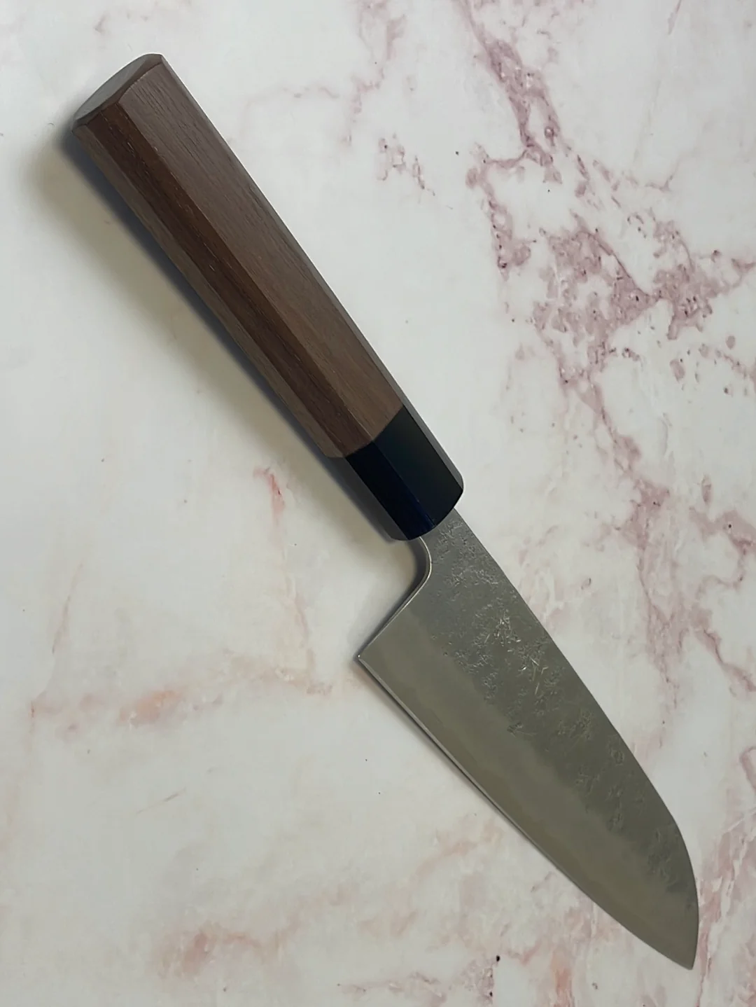 Yoshimune Santoku 165 mm (6.5 in) Ginsan (Silver #3) Nashiji finish Double-Bevel Walnut Octagonal Handle - Image 11