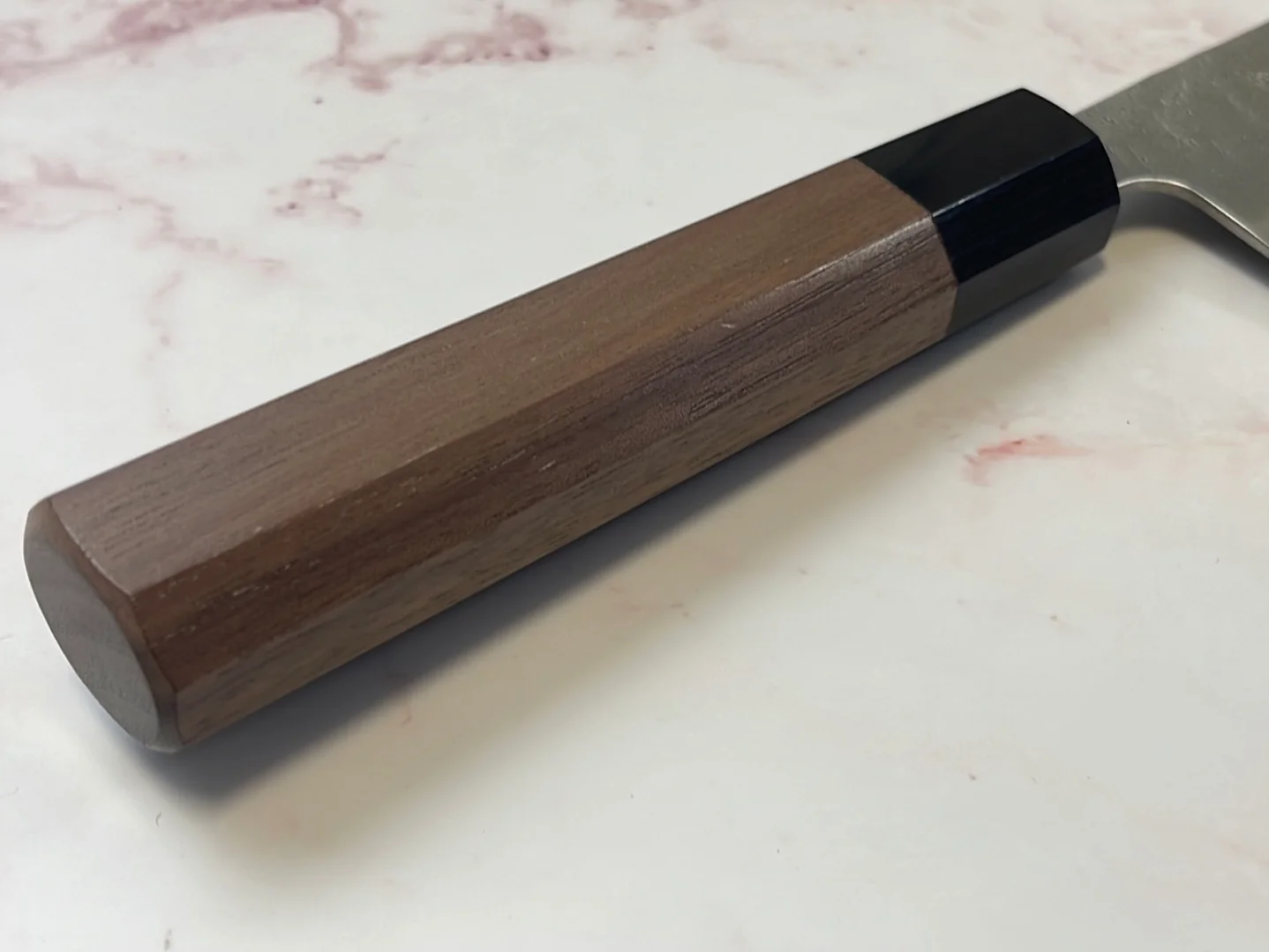 Yoshimune Santoku 165 mm (6.5 in) Ginsan (Silver #3) Nashiji finish Double-Bevel Walnut Octagonal Handle - Image 12