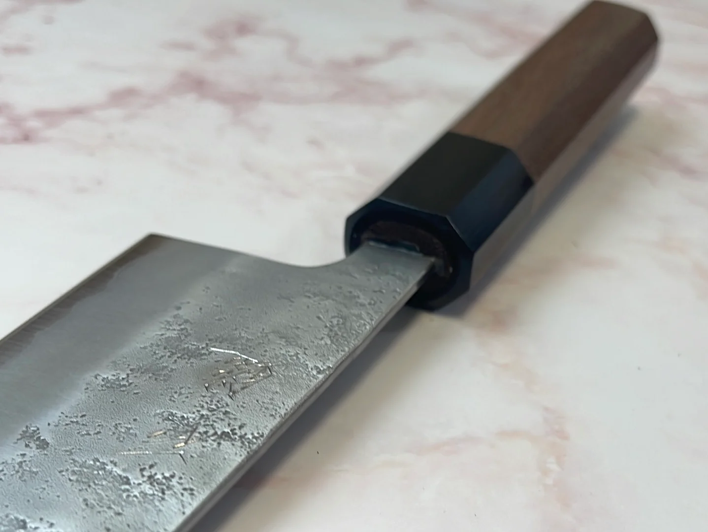 Yoshimune Santoku 165 mm (6.5 in) Ginsan (Silver #3) Nashiji finish Double-Bevel Walnut Octagonal Handle - Image 16
