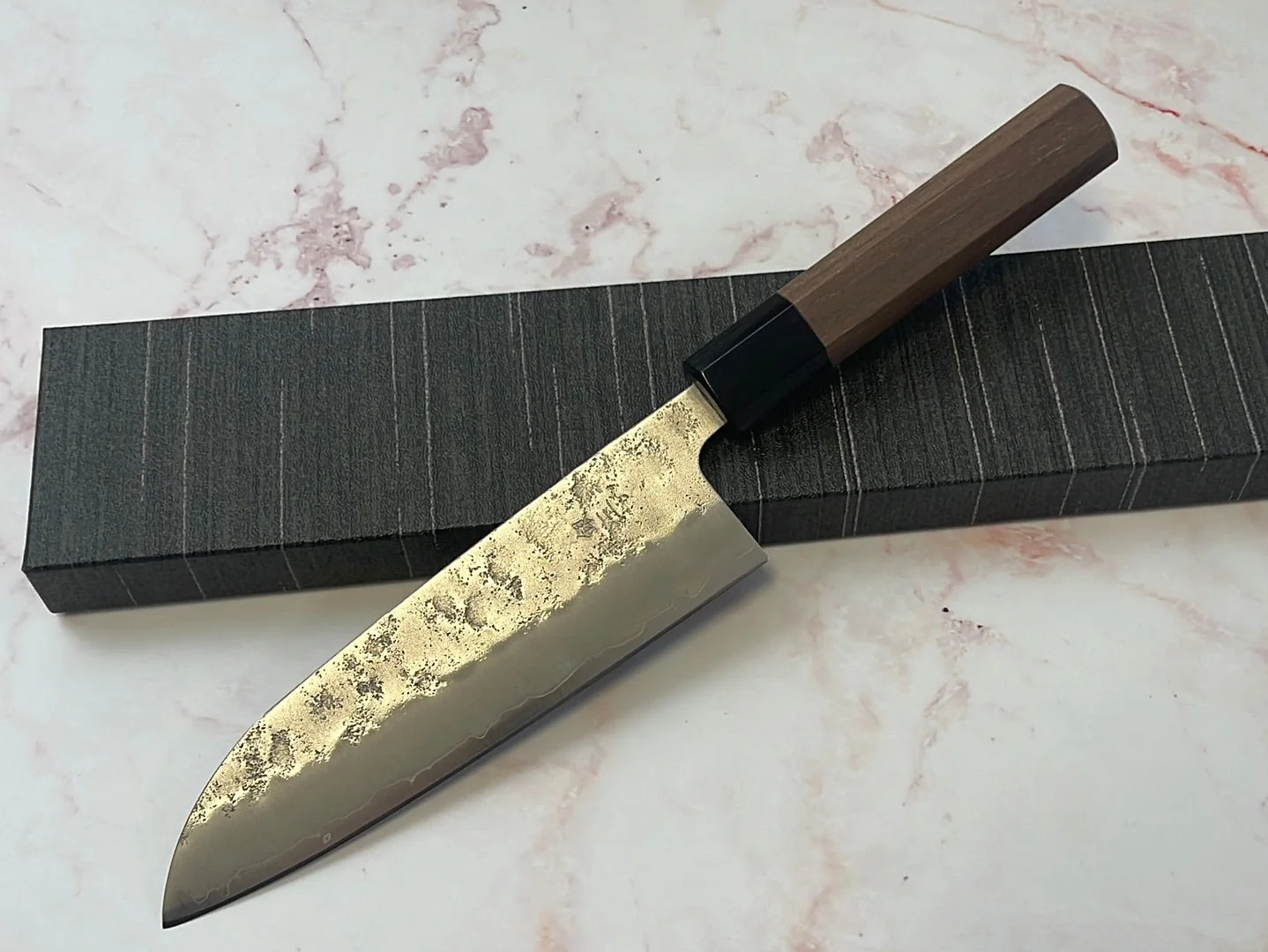 Yoshimune Santoku 165 mm (6.5 in) Ginsan (Silver #3) Nashiji finish Double-Bevel Walnut Octagonal Handle - Image 2