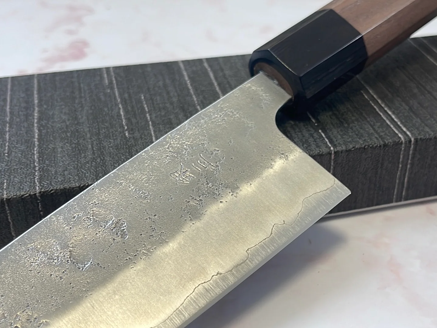 Yoshimune Santoku 165 mm (6.5 in) Ginsan (Silver #3) Nashiji finish Double-Bevel Walnut Octagonal Handle - Image 3