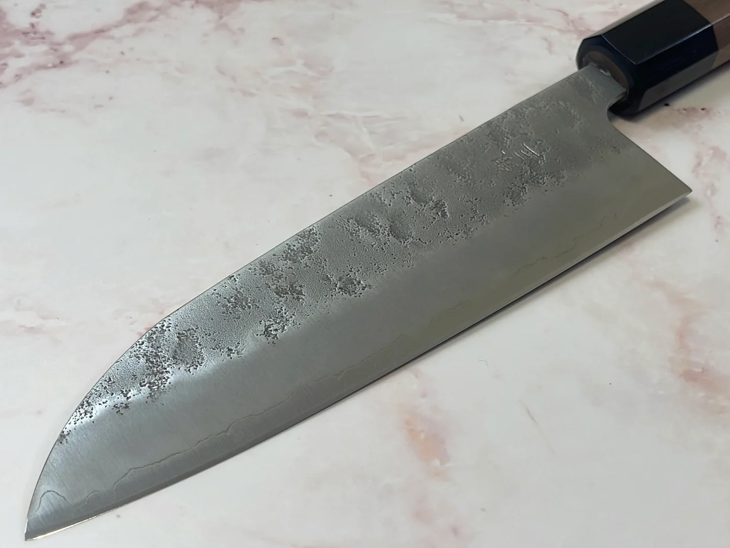 Yoshimune Santoku 165 mm (6.5 in) Ginsan (Silver #3) Nashiji finish Double-Bevel Walnut Octagonal Handle - Image 5
