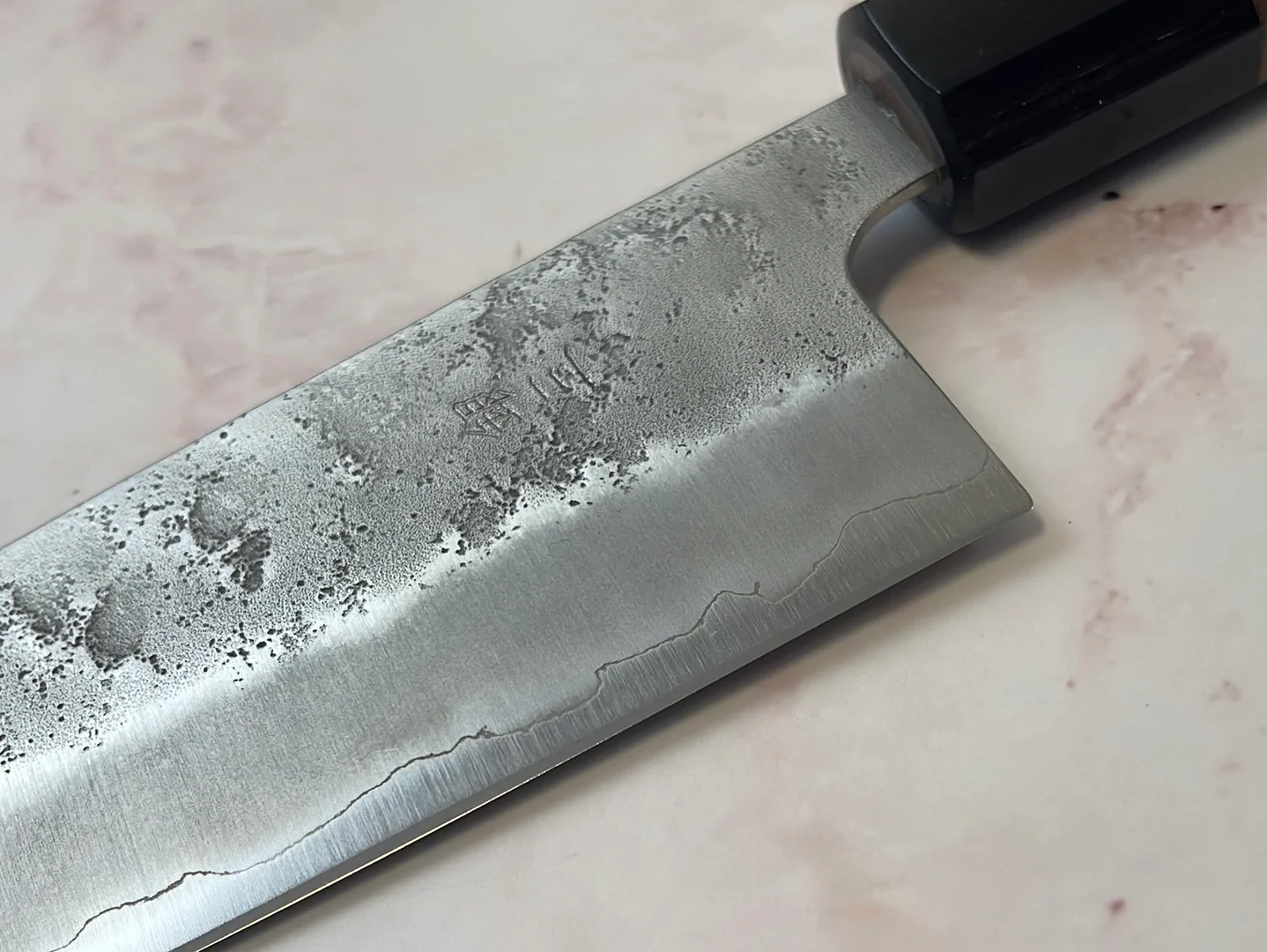 Yoshimune Santoku 165 mm (6.5 in) Ginsan (Silver #3) Nashiji finish Double-Bevel Walnut Octagonal Handle - Image 6