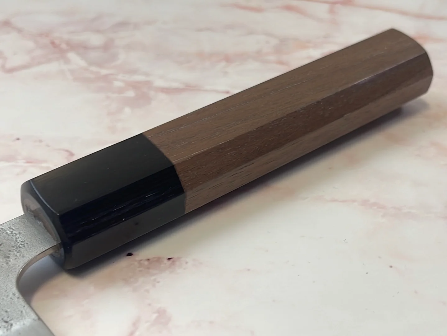 Yoshimune Santoku 165 mm (6.5 in) Ginsan (Silver #3) Nashiji finish Double-Bevel Walnut Octagonal Handle - Image 7