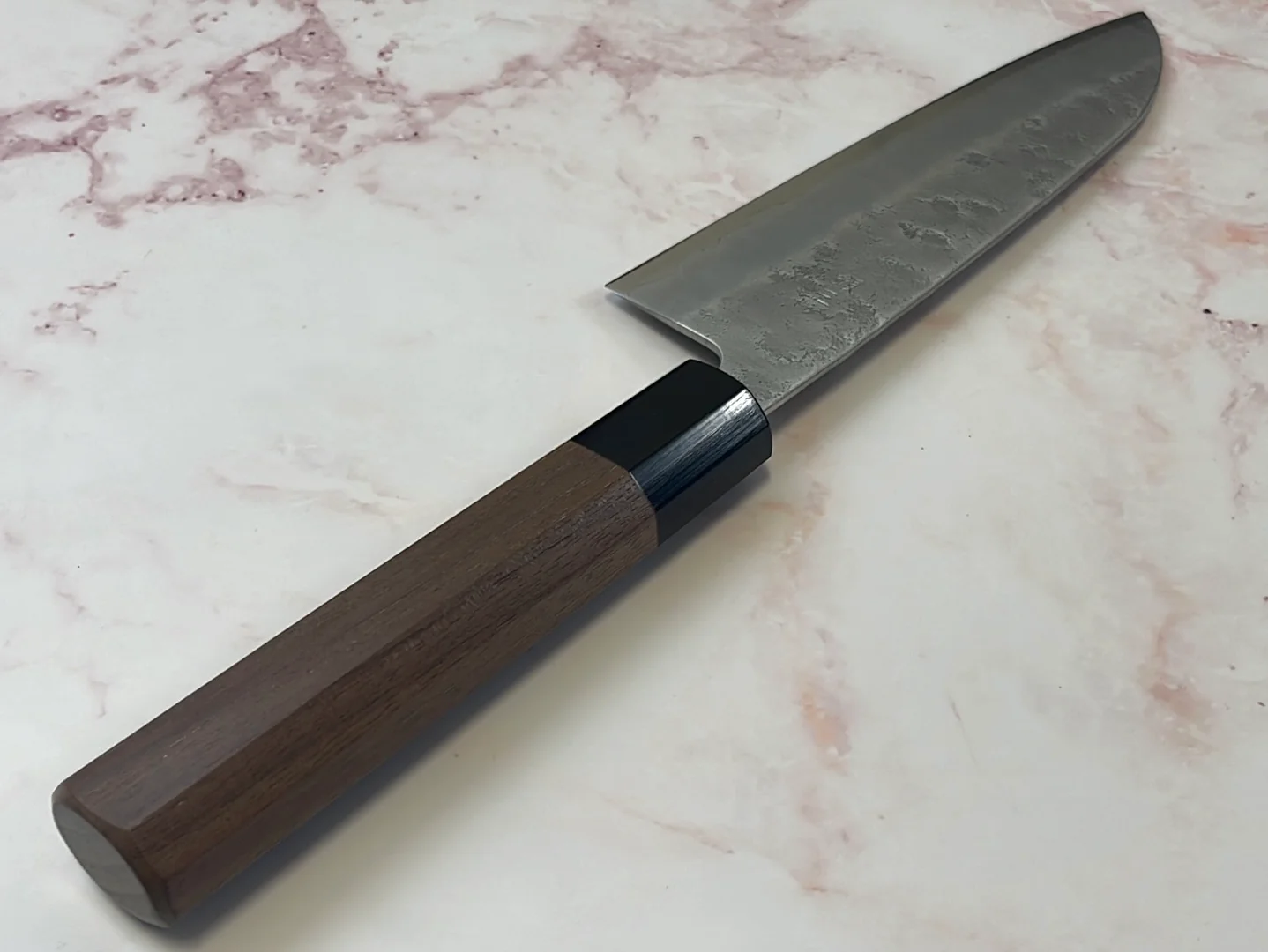 Yoshimune Santoku 165 mm (6.5 in) Ginsan (Silver #3) Nashiji finish Double-Bevel Walnut Octagonal Handle - Image 9